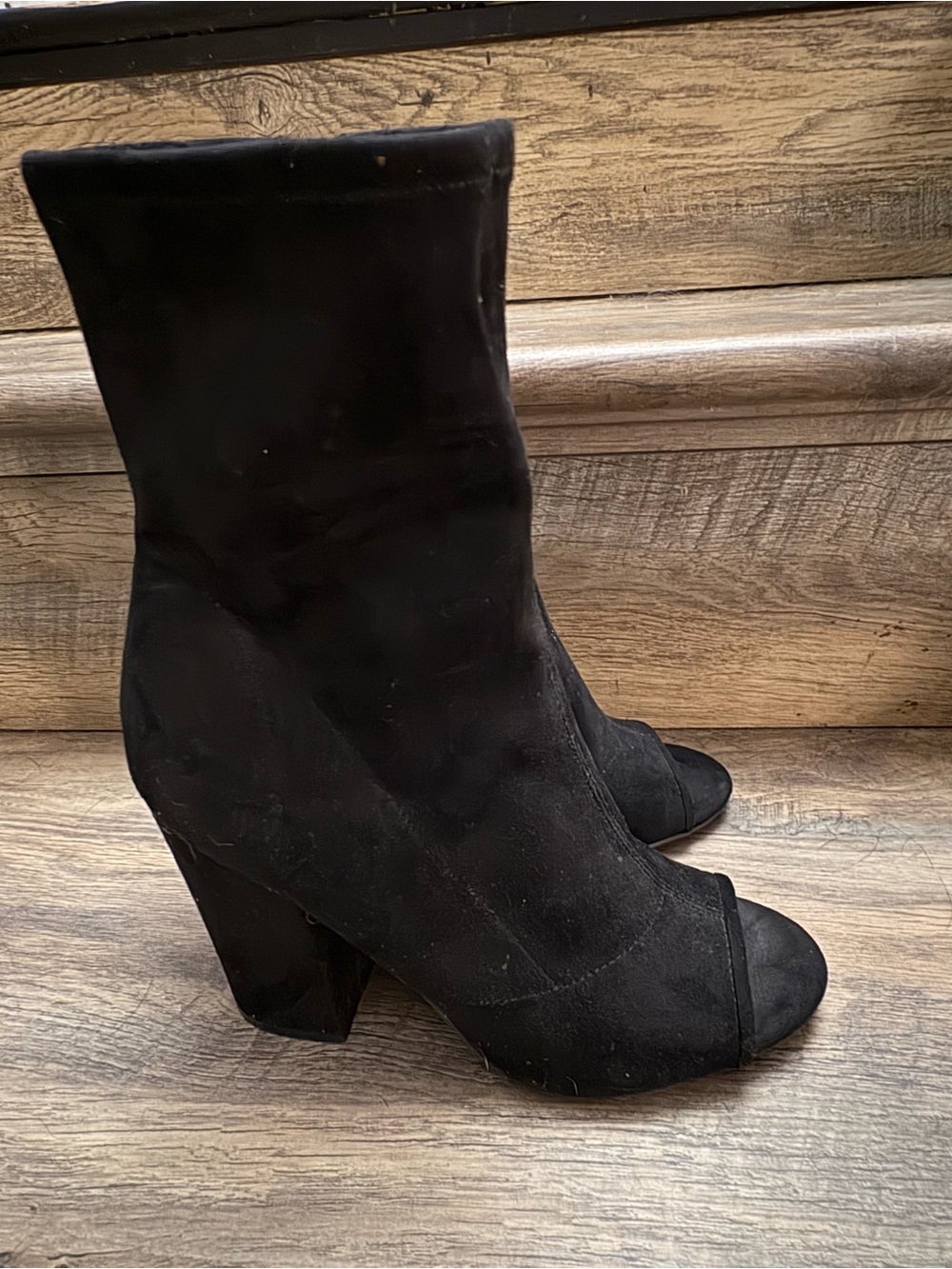 Black Suede Peep-Toe Block Heel Ankle Boots